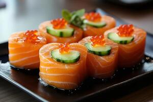 Heart shaped salmon nigiri sushi decorated with cucumber and red caviar resting on a dark plate photo