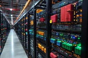 Server racks with blinking leds illuminating a modern data center corridor photo