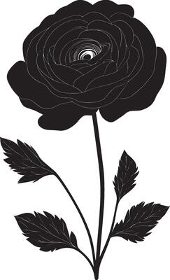 Minimalist black silhouette of a ranunculus flower in format