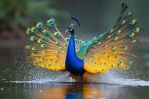 Vibrant Peacock Display in Tranquil Water Setting for Nature Photography photo
