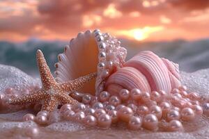 Seashell and Pearls on Sandy Beach at Sunset Coastal Summer Theme for Decor and Design photo