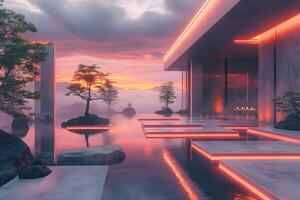 Modern Zen Retreat at Dusk with Illuminated Floating Pathway photo