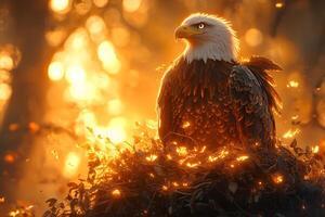 Majestic Bald Eagle in Golden Light with Autumn Leaves for Nature and Wildlife Photography photo