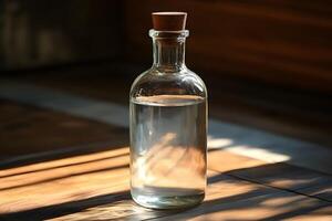 Rustic Glass Bottle with Cork Stopper on Sunlit Wooden Table - Still Life Photography photo