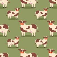 Playful cows in flat style on green background seamless pattern vector