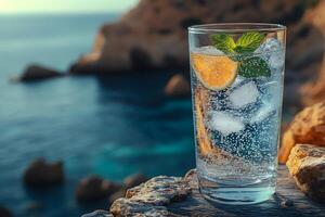 Refreshing Summer Beverage with Citrus and Mint by the Ocean photo
