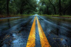Moody Rainy Road Through Lush Forest - Serene Nature Path for Travel and Print Design photo