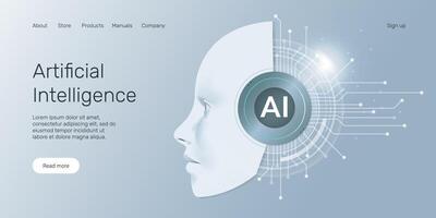Web banner AI humanoid head side view, AI digital brain, machine learning, neural network, Artificial Intelligence AI landing page concept. vector