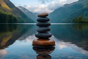 Tranquil Nature Scene with Balanced Stone Stack in Mountain Lake Setting for Meditation and Relaxation photo