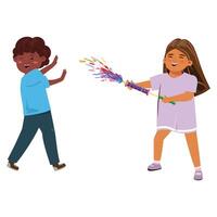 Heart warming scene of cultural exchange during Holi, as two children share colors and laughter, highlighting the unifying power of the festival vector