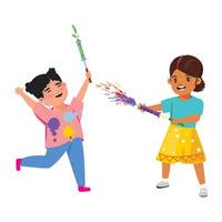 Action shot of two friends celebrating Holi, their movement and vibrant colors capturing the carefree joy and excitement of the occasion vector