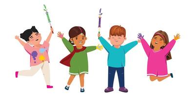 Group of happy kids engaged in a playful Holi celebration vector