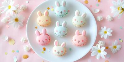 Delightful bunny-shaped macarons on white plate with daisies and confetti photo
