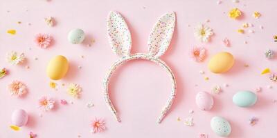 Colorful easter bunny ears on pastel backdrop with easter eggs and flowers photo
