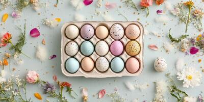Colorful spring easter eggs with pastel and speckled patterns in cardboard carton photo