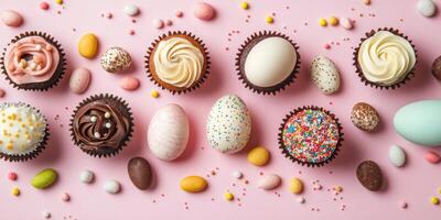 Variety of decorative cupcakes and easter eggs on pastel background emphasizing festivity photo