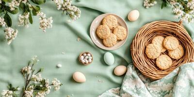 Easter theme with cookies and eggs on green fabric with blossoms photo