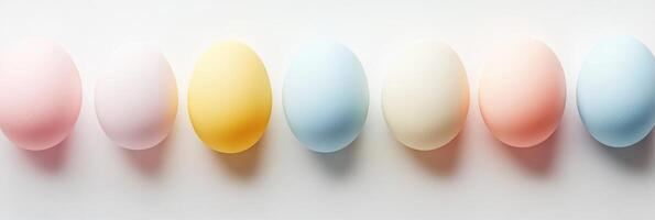 Pastel colored eggs in a row on white background for easter decoration concept photo