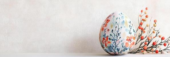 Decorative easter egg with floral patterns on minimalistic background photo