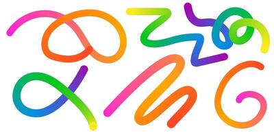 Abstract Color Rainbow Gradient Shapes Set. Graphic with Wavy Lines in Bright Colors. Colorful Fluid Wave Pattern. Squiggly Design Elements. vector