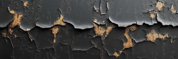 Peeling black paint on old wooden surface revealing textured layers photo