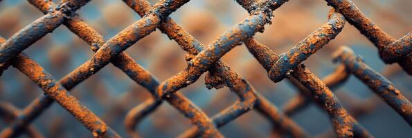 Close-up of rusted metal fence with orange and blue colors creating texture photo