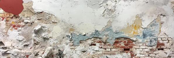 Weathered brick wall with peeling paint and crumbling plaster texture photo