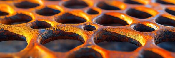 Close-up photograph of rusty metal surface with circular openings for texture concept photo