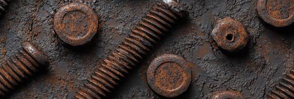 Close-up view of rusty metal bolts and nuts on corroded surface photo