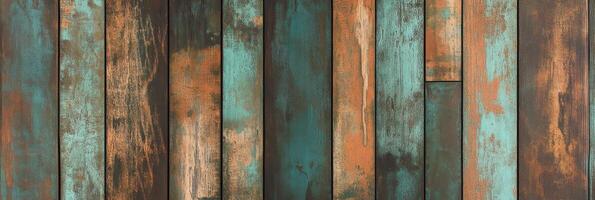 Rustic wooden planks with weathered teal and brown paint for textured background photo
