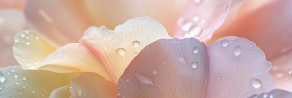Close-up of delicate petals with dew drops highlighting soft pastel colors photo