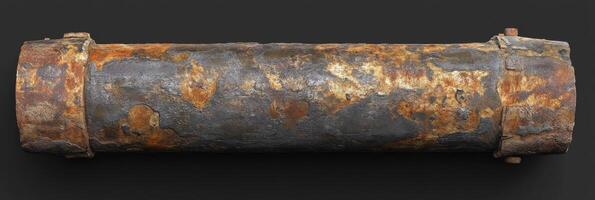 Rusty metal pipe with corroded surface and industrial texture on black background photo