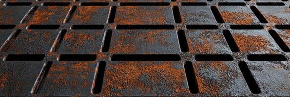Close-up of rusted metal grate with rectangular openings and textured surface photo