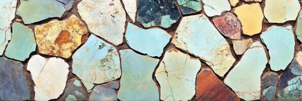 Multicolored stone mosaic wall texture with irregular geometric shapes photo