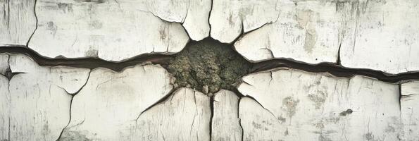Cracked white paint on aged wood revealing textured surface and central fissure photo