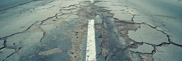Cracked asphalt road surface with visible white line for urban infrastructure concept photo