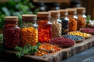 Assorted Nutritional Supplements and Herbs on Rustic Wooden Table photo