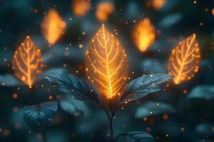 Glowing Autumn Leaves with Sparkling Particles for Nature-Themed Decor and Design photo