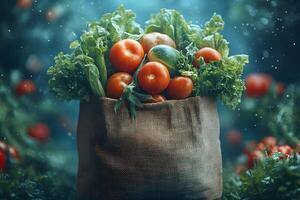 Fresh Harvest of Vibrant Vegetables in Rustic Jute Bag - Farm to Table Concept photo