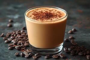 Creamy Iced Coffee with Cocoa Powder Garnish on Rustic Table Setting photo