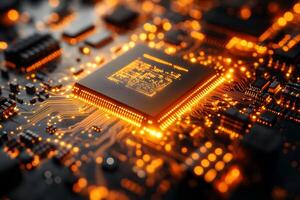 Futuristic Technology Concept Featuring Glowing Microchip on Circuit Board - Ideal for Tech Designs photo