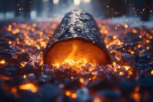 Blazing Log in a Forest Setting Capturing the Essence of Fire and Nature for Print or Poster Design photo
