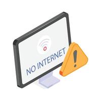 An isometric icon of a computer monitor displaying a No Internet message vector