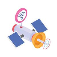 An isometric icon of a satellite, denoting a wireless connection via WiFi symbol. vector
