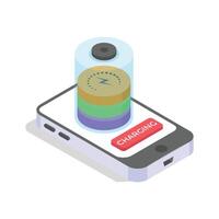 An isometric illustration showcasing a smartphone with a battery charging graphic vector