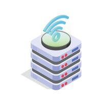 A stylized, isometric illustration of a server rack with a wireless symbol vector