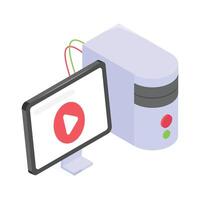 Isometric icon of a computer monitor displaying a play icon, connected to a computer tower. vector