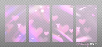Set of 16x9 romantic overlays with pink lens, crystal light and flare transparent hearts effects. Triangular prism concept. illustration. Rainbow light rays, lens flare, glass reflection effect vector