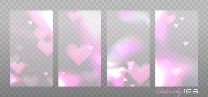 Glass prism pink light reflection romantic backgrounds collection. Abstract diamond caustics, lens illumination effects and colorful crystal hearts flare overlay set. Glowing bright love rays. vector