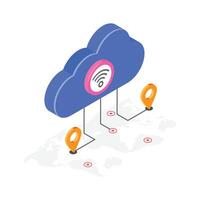 Isometric illustration of a cloud storage system with wireless connectivity, vector